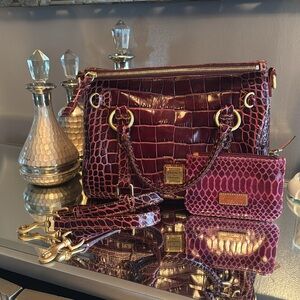 Dooney and Bourke Deep Red Croc-Embossed Satchel Bag Set